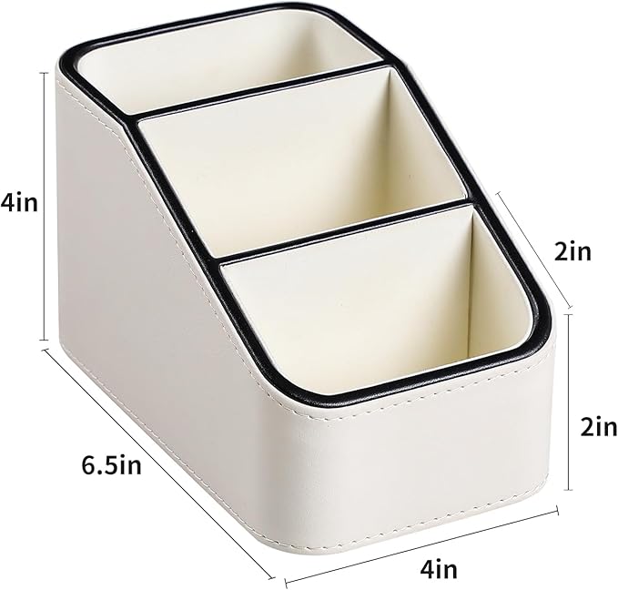PU Leather Remote Control Holder, Small Desk Organizer Office Supply Bedside Caddy for Nightstand End Table Couch, Pen Remote Organizer with 3 Compartments (Cream)
