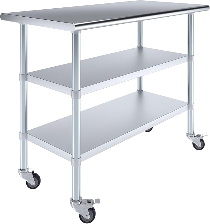 AmGood Stainless Steel Work Table with 2 Shelves and Casters | Metal Utility Table On Wheels (Stainless Steel Work Table with 2 Shelves + Casters, 48" Long x 24" Deep)