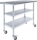 AmGood Stainless Steel Work Table with 2 Shelves and Casters | Metal Utility Table On Wheels (Stainless Steel Work Table with 2 Shelves + Casters, 48" Long x 24" Deep)