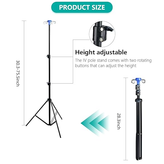 Lefeke IV Pole Portable for Traveling, Adjustable IV Stand with Hooks, Medical IV Drip Infusion Bag Holder, IV Fluids Floor Stand (Black)
