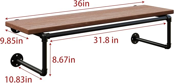 Clothes Rack 36in, Wall Mounted Garment Racks with Brown Real Wood Shelf, Heavy Duty Hanging Clothes Rack, Multi-Purpose Hanging Rod, Space-Saving Closet Storage