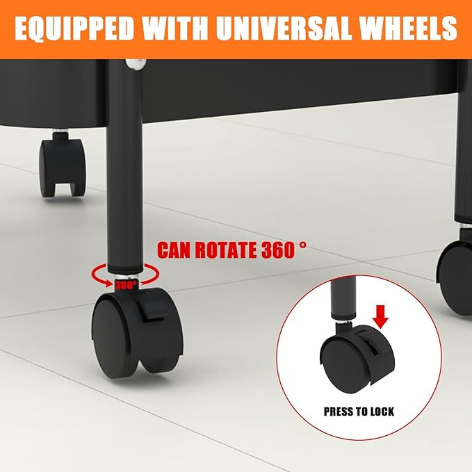 3-Tier Metal Utility Rolling Cart, Multi-Functional Storage Trolley for Office, Living Room, Kitchen, Movable Storage Organizer with Wheels, Black