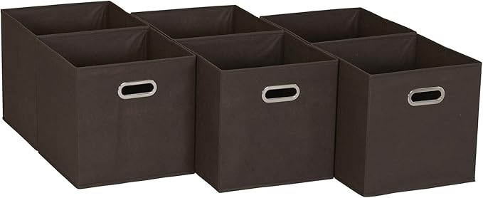 Household Essentials Foldable Fabric Storage Cubes 6-Pack – 11x11x11 Stackable Non-Woven Bins with Chipboard Sides & Grommet Handles – Closet, Shelf, Nursery, or Office Organizer – Chocolate Brown