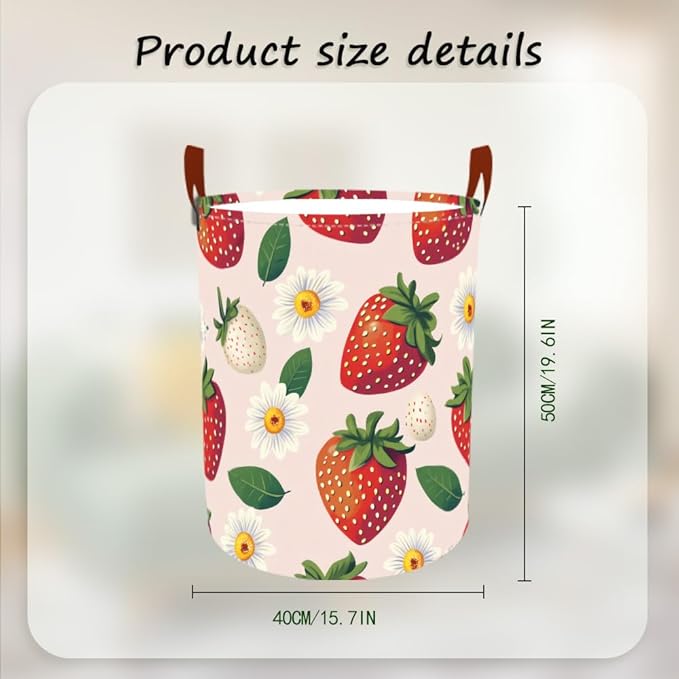 Laundry Baskets 15.7x19.7 Inch Large Strawberry Daisy Design Collapsible Laundry Hamper with Handles Oxford Fabric Clothes Storage Bin Foldable Dirty Clothes Organizer for Bedroom Bathroom Dorm