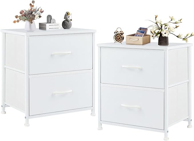 DUMOS Small Night Stand Set of 2 Fabric Drawer Dressers Short Bedside Tables for Room Organization Closet College Dorm Entry Storage 20 Inch Height Furniture,White