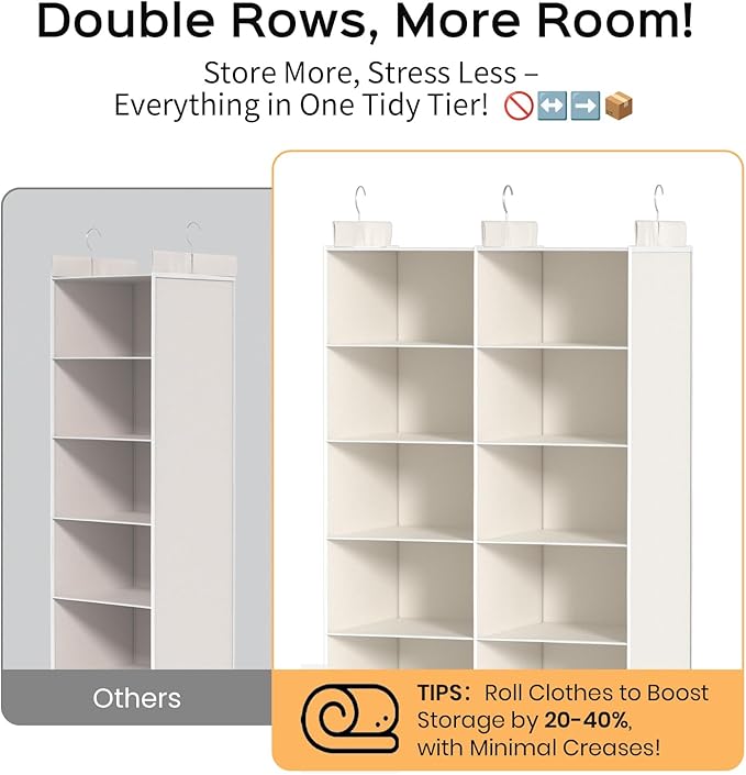 6 Shelves Hanging Closet Organizer – Foldable Dual-Row Hanging Clothes Storage with 3 Hooks, Space-Saving Closet Organizer and Storage for Sweater and Hats, Ideal for Dorms and Bedroom,White