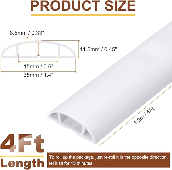HARFINGTON 4ft Cord Cover Floor W0.6 x H0.33 Inner Channel PVC Hide Extension Cable Floor Wire Hider Wire Covers Protector for Prevent Cable Trips Cables Management, White