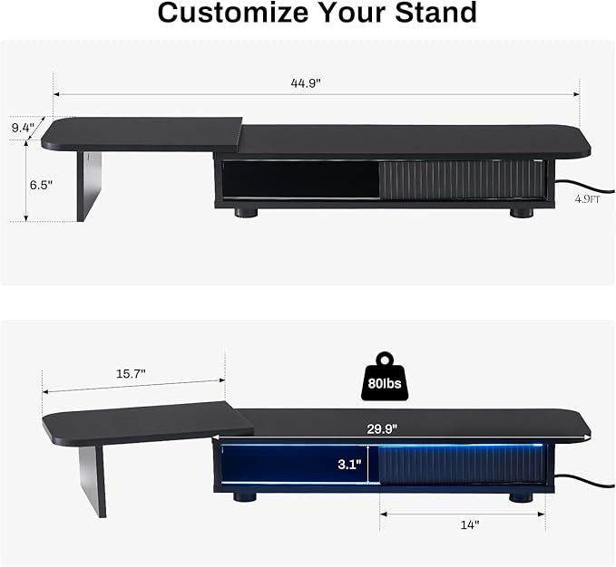 Artswish Adjustable Monitor Riser Stand with Power Outlet & Light Strip, Expand to 45 Inch, Computer Desk Shelf with Sliding Door, Desk Organization for Office, Gaming Room, with Storage, Black