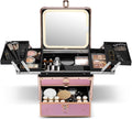 Qislee Makeup Box with Drawer and Four Trays, A Detachable Lighted Mirror, Waterproof Travel Train Case, Cosmetic Organizer and Makeup Suitcase with Magnetic LED Mirror(Sparkling Gradient Pink)