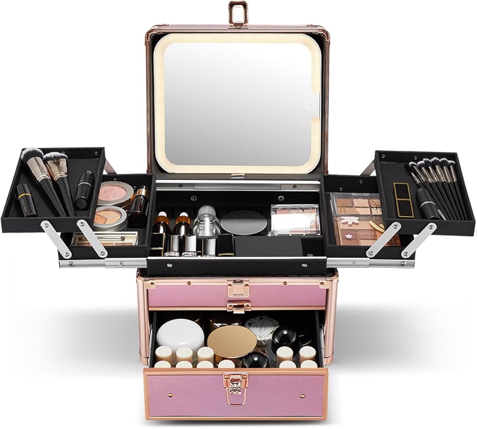Qislee Makeup Box with Drawer and Four Trays, A Detachable Lighted Mirror, Waterproof Travel Train Case, Cosmetic Organizer and Makeup Suitcase with Magnetic LED Mirror(Sparkling Gradient Pink)