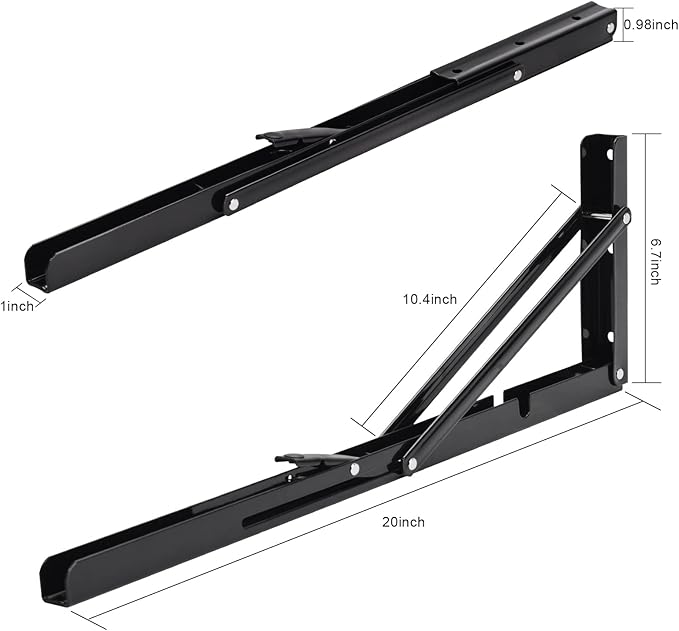 YUMORE Folding Shelf Brackets, 20 Inch Heavy Duty L Bracket, Black DIY Collapsible Shelf Bracket for Workbench Folding Table Hinge, Max Load: 330lb, Pack of 2