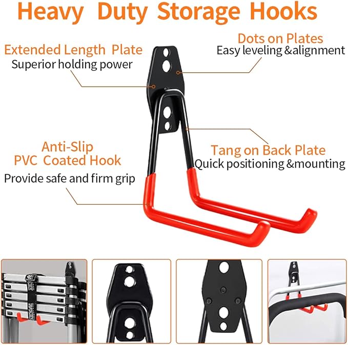 3-H Garage Wall Hooks 10 Pack, Garage Hooks Heavy Duty with Extra Welding Spots, Wall Storage Organizer for Hanging for Garden, Lawn, Yard (Red)