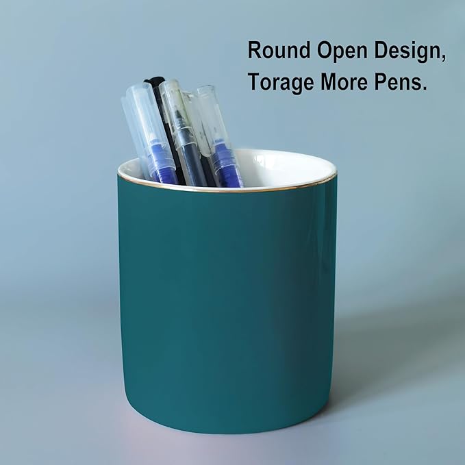 HANKOR Ceramic Pencil Holder for Desk - Cute Gold Trim Pen Aesthetic Makeup Brush Cup Holder Organizer for Desktop Storage Stationery Office Home Supplies (Green)