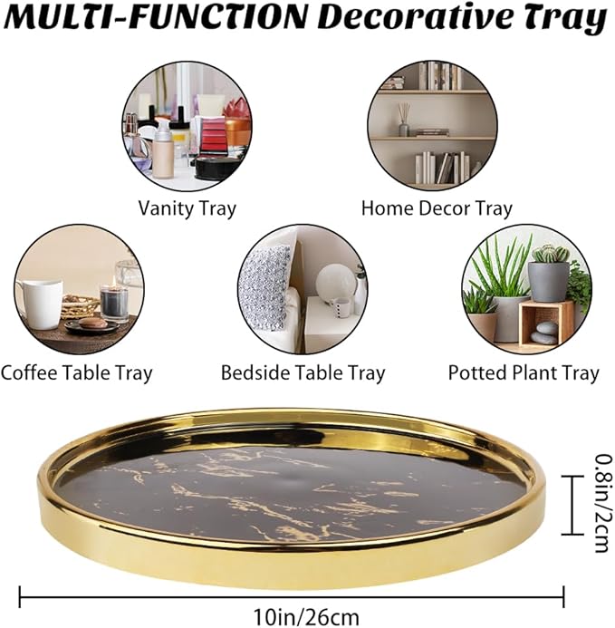 Black Vanity Tray Round Bathroom Decorative Tray for Dresser Countertop Organizer Cosmetics Round Marble Tray for Perfume,Bottles and Accessories