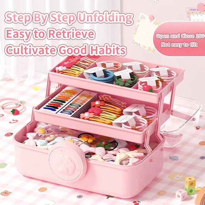 Bow Knot Hair Accessories Organizer Box Cute Dust Proof Childrens Jewelry Storage Box 3 Layers Plastic Storage Box for Hair Clips,Headbands,Hair Bands,Jewelry,Etc