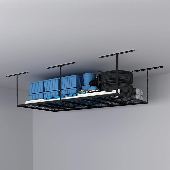 FLEXIMOUNTS Pro 4x8 Overhead Garage Storage Rack,Adjustable Storage Organization System, Heavy Duty Metal Ceiling Storage Racks, 800lbs Weight Capacity, Black, Pro Series