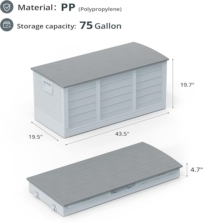 Foldable 75 Gallon Outdoor Storage Box, Plastic Storage Containers with Lid, Patio Deck Box Furniture for Garden, Pool, Balcony, Yard (Gray Lid)