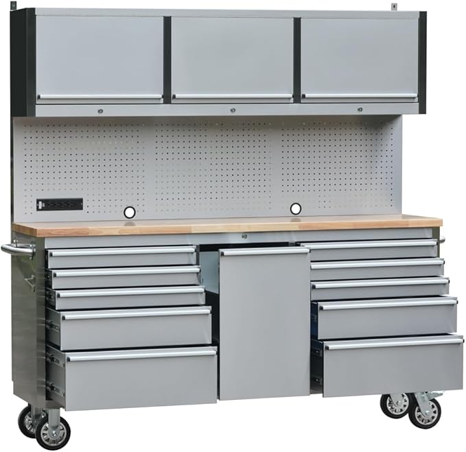 72" Stainless Steel Rolling Tool Chest with 11 Drawers + 3 Upper Cabinets, Large Lockable Storage Cabinet, Mobile Workbench with Wheels for Garage Workshop (1 × HTC7214W1)