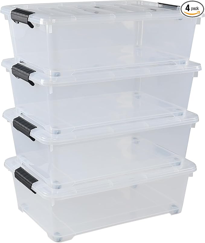 Xyskin 4 Packs 20 Quart Plastic Under Bed Storage Box, Clear Stackable Container Bins for Clothes, Blankets, Winter Clothing, & Shoes