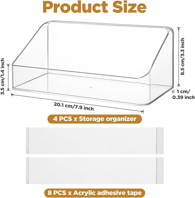 4 Pack Clear Wall Mounted Storage Organizer – No Drill Adhesive Shelves for Bathroom, Kitchen, Bedroom, Mirror Cabinets – Transparent PS Plastic Organizer Bins (7.9” x 3.4” x 3.3”)