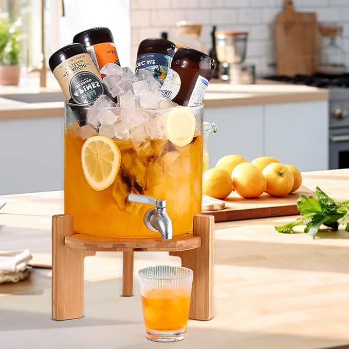 Beverage Dispenser, 1.5 Gallon Glass Drink Dispenser with Stand, Glass water dispenser with Spigot, Large Drink Dispensers for Parties,Bars,Restaurants, 5L