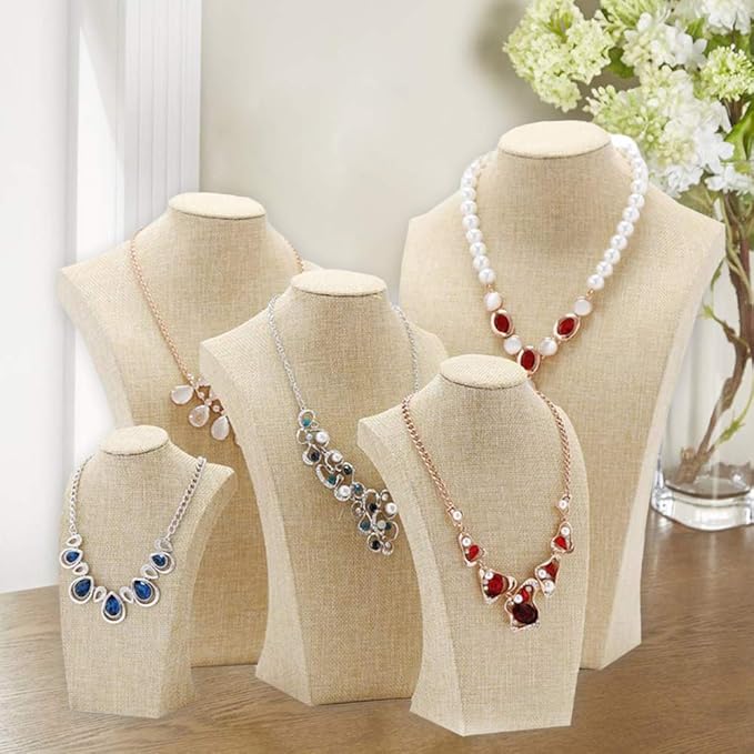 Necklace Display Bust, 9.8" high Beige Linen Jewelry Holder for Necklaces & Bracelets, Figure Display Stand for Jewelry Shop & Personal Makeup (25cm*14cm)