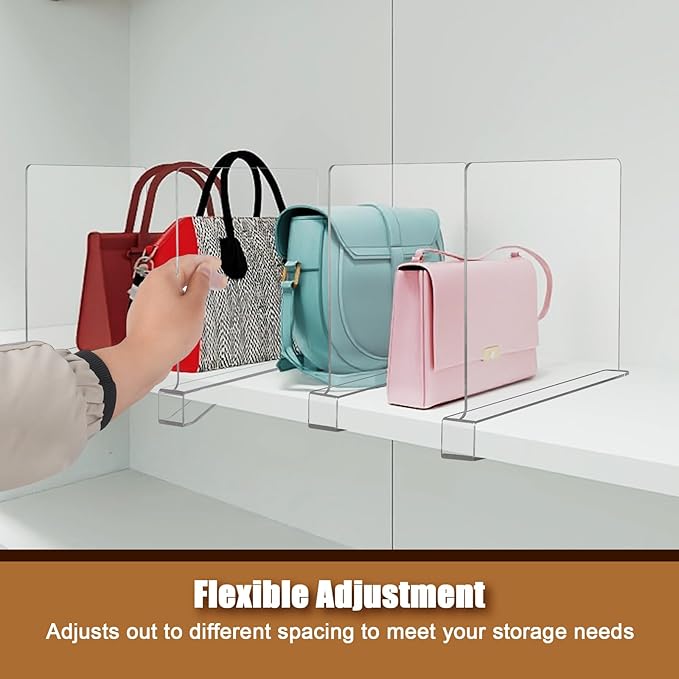 6 Pack Clear Acrylic Shelf Dividers for Closet Organization, Purse Organizers for Closet, Clothing Dividers, Handbag Organizers for Shelves in Bedroom and Office