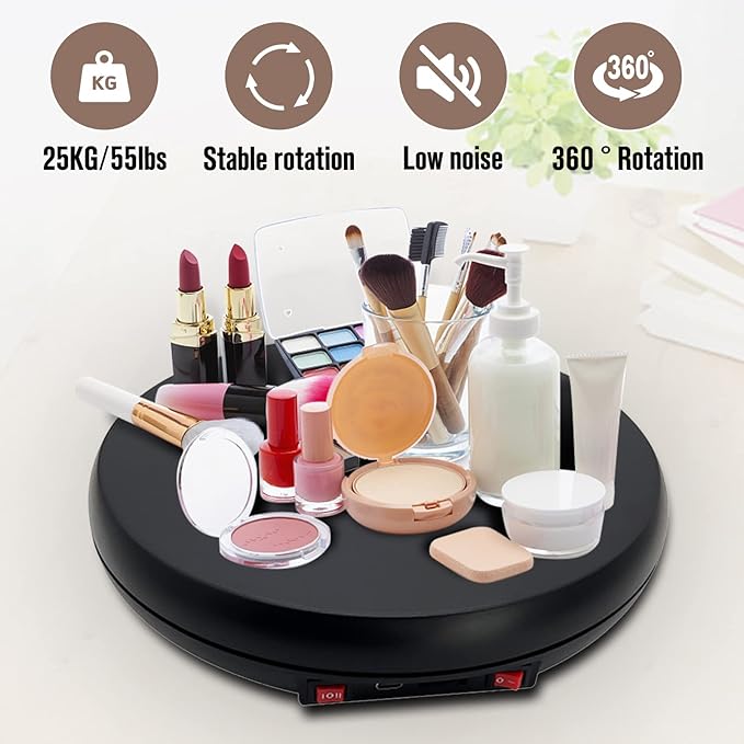 JAYEGT Motorized Rotating Display Stand with LED Light , 10 inch /55lbs Load, 360 Degree Electronic Turntable Display Stand for Photography Products Shows, Jewelry, Watch, 3D Models, Cake (Black)