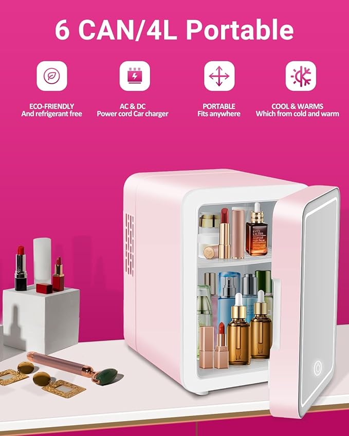 4-Liter Pink Portable Mini Fridge for Skincare Beauty Cosmetic Makeup With Mirrored Door and Dimmable LED Light