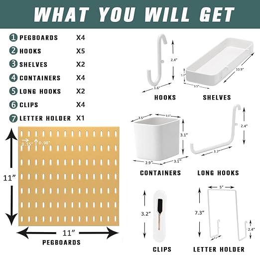 Pegboard Combination Kit for Wall Organizer, Wall Mounted Peg Board Kits for Kitchen, Bedroom, Office, &Bathroom, 4 Pieces White Pegboards and 14 Accessories, 22" x 22"