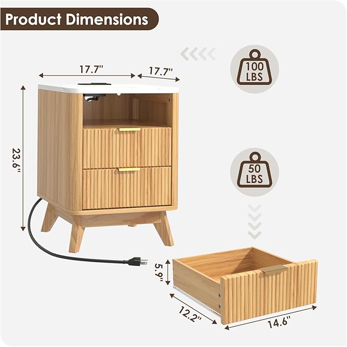 Nightstand with Charging Station, Fluted Nightstand with LED Lights, Modern Rustic Side Table with 2 Storage Drawers, Wooden End Table for Bedroom, Natural Oak 2pcs