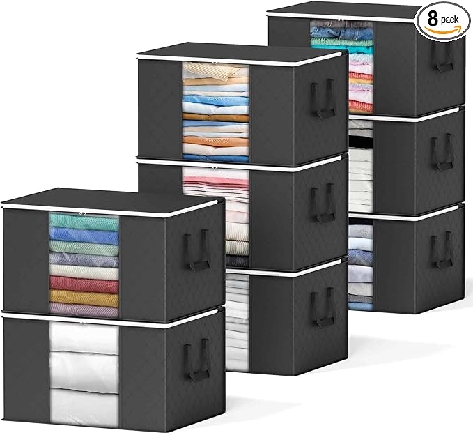 SpaceAid 8 Pack 90L Clothing Storage Bags, Heavy Duty Closet Storage Bins, Extra Large Moving bags, Storage Containers for Clothes, Blankets, Comforters, and Pillows - Black