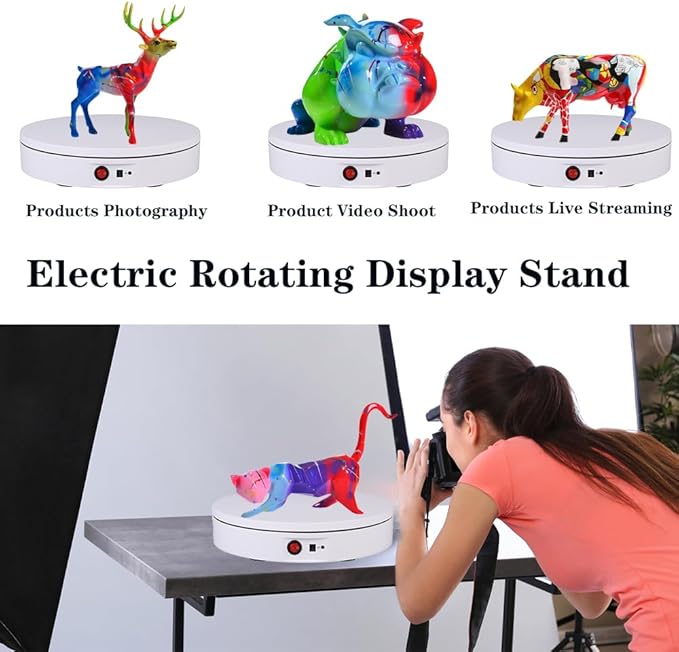 JAYEGT Motorized Rotating Display Stand，180Lbs Load，360 Degree Electric Rotating Turntable for Photography Products Display，Live Show,Remote Control +5 Colors Backgrounds(White / 8.66inch / Rechargeable)