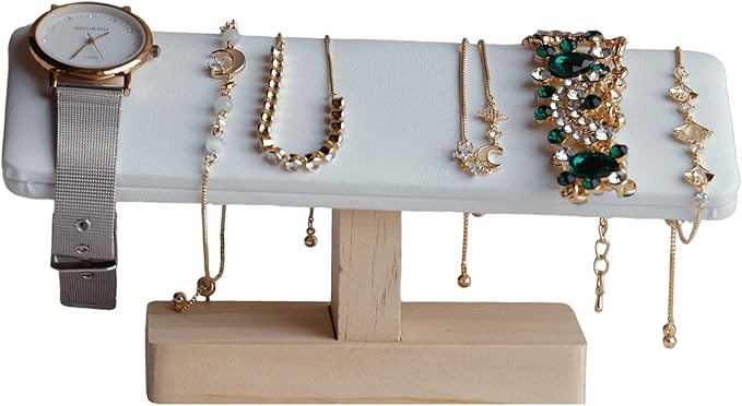 Wooden Watches Display tower Base Watch Necklace Bracelet Organizer Rack Bangle Scrunchie Headband Showcase tower (White PU, Flat single-layer)
