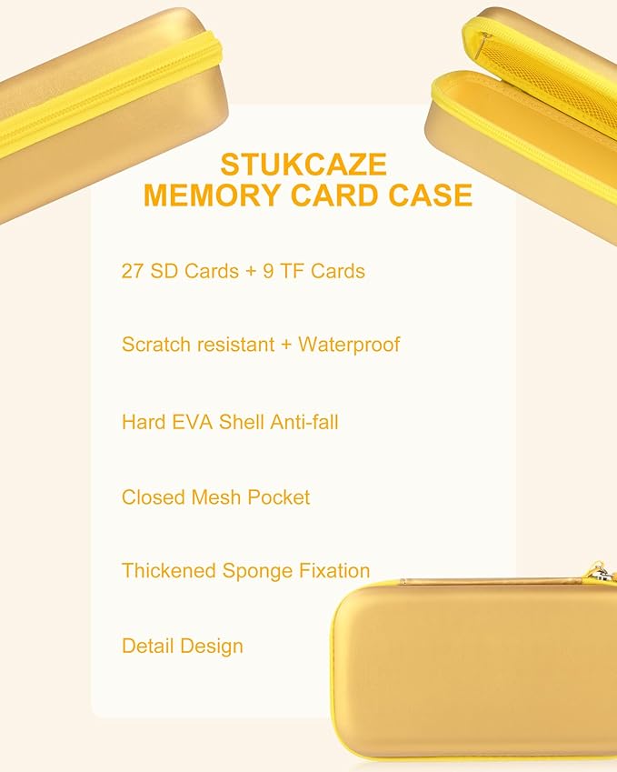 Stukkaze Memory Card Case - Water-Resistant & Anti-Shock 36 Slot Holder, 27 Micro SD & 9 SD/SDHC/SDXC Cards Organizer for Camera - Gold