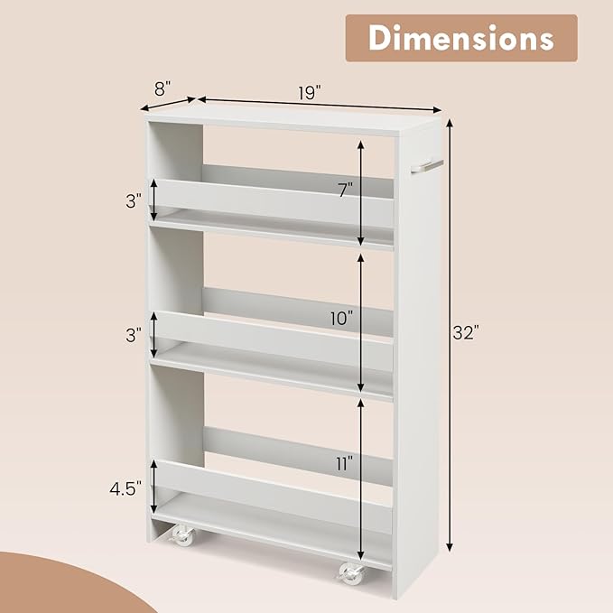 LOKO 4-Tier Rolling Storage Cart, 8 Inches Slim Kitchen Cart on Wheels with Open Shelves & Handle, Laundry Room Cart Between Washer and Dryer, for Narrow Space Bathroom Next to Fridge (White)
