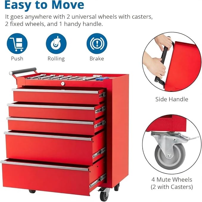 IDEALHOUSE Rolling Tool Chest, 5 Drawers Tool Storage Cabinet, Toolbox with Wheels, Portable Tool Cabinet Organizer with Locking System & Drawer Liners, Tool Storage Cart for Garage, Workshop, Red