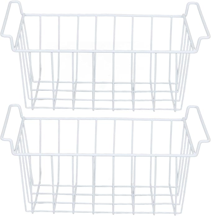 2PCS Freezer Organizer Bins, Steel Wire Freezer Basket with Handles Multifunctional Organizer Bin Stackable Metal Wire Baskets for Cabinet, Pantry, Closet (White)
