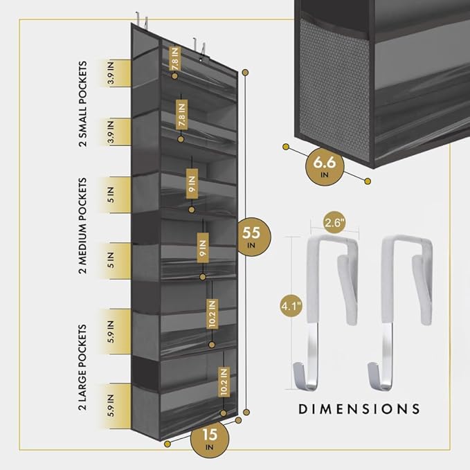 HOMELUX THEORY Over The Door Organizer Hanging - 50lbs Load 6 Large Front & 12 Side Pockets, 1 Pack Over The Door Shoe Organizer, Hanging Closet Organizer For Toys, Diaper, Purse, Sewing (Dark Gray)