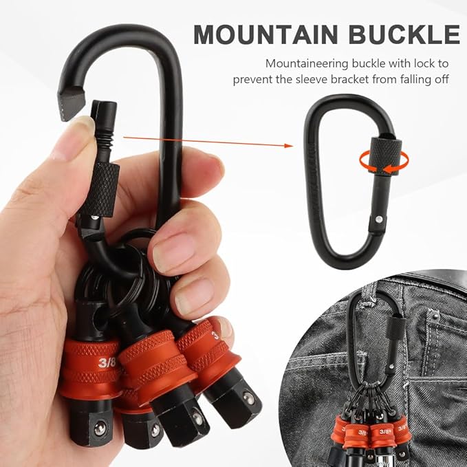 5Pcs Socket Holder Key Chain, 3/8" Drive Socket Organizer Keychain Quick Release Design with Carabiner, Impact Wrench Accessories for Lineman, Electricians, Construction Crews(SIZE:3/8 Inch)