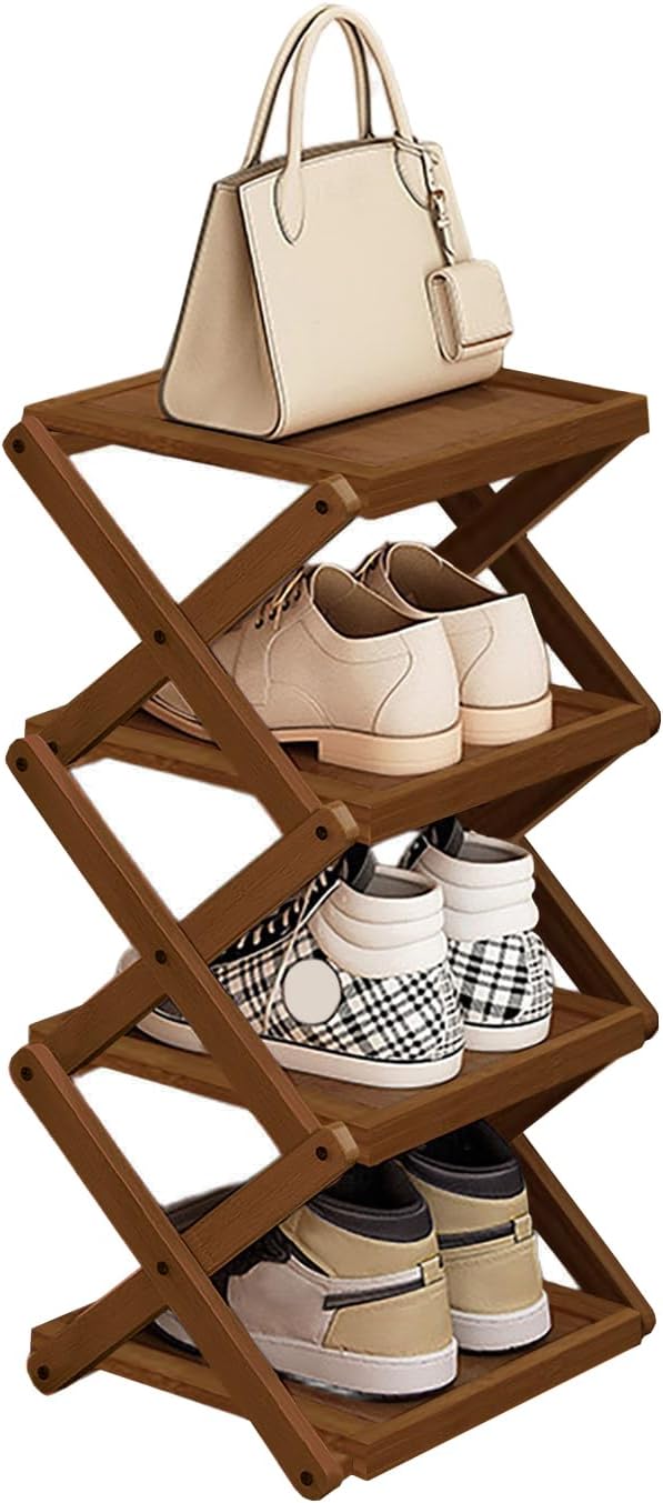 YYW Flat Bamboo Shoe Rack for Entryway, Installation-Free and Folding Vertical Small Shoe Rack, Saves Space Narrow Shoe Racks for Doorway Closet