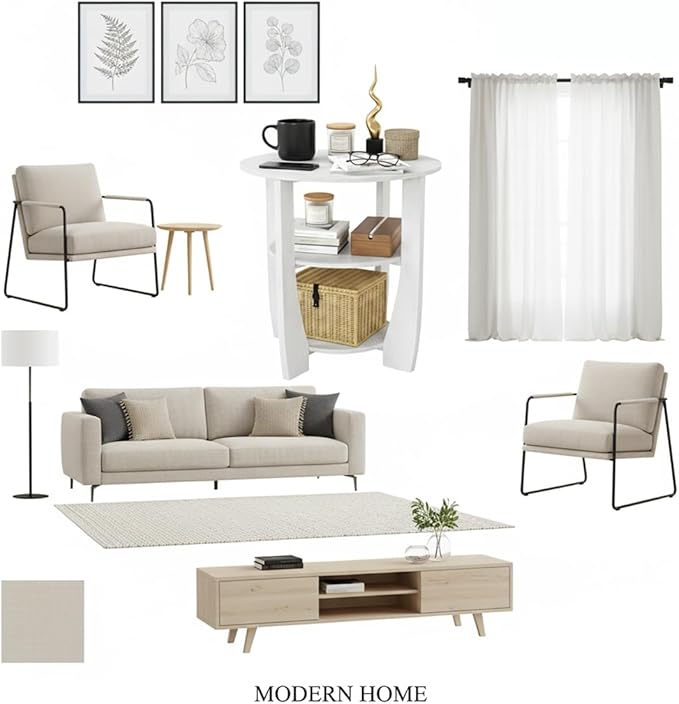 White Round Side Table, 3-Tier End Table with Storage Shelves, Modern Farmhouse Nightstand for Bedroom, Living Room, Nursery & Small Spaces,19.7" D x 21.7" H