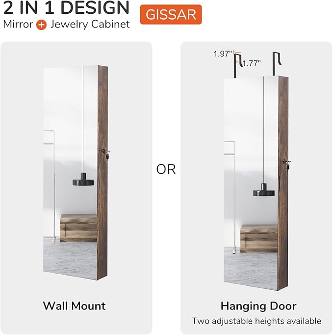GISSAR Full Length Mirror Jewelry Cabinet, 6 LEDs Jewelry Armoire Wall Mounted Over The Door Hanging, Jewelry Organizer Display Storage Furniture with Lights Locker Mirrored Cabinet, Vintage Brown