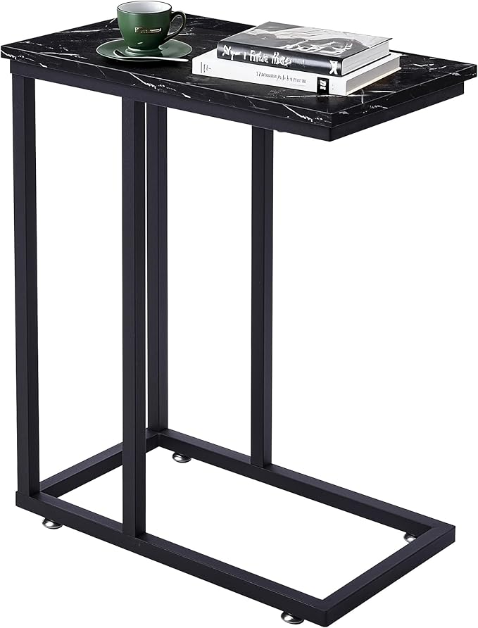 VECELO C Shaped End Side Table for Sofa Couch and Bed Snack TV Tray for Living Room Bedroom, 1 PCS, Black Marble