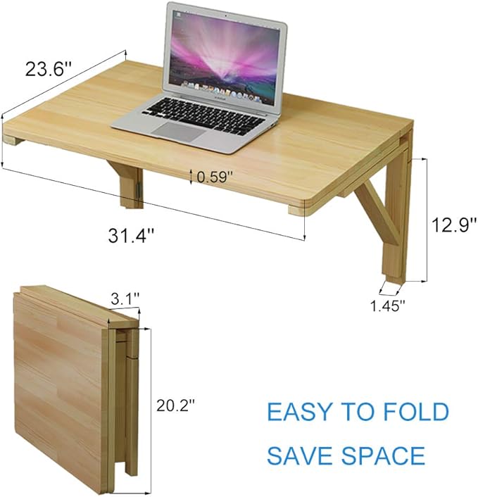 MM MELISEN Fold-Away Wall Table - Natural 31.4x23.6 Inch Wood Table That maximizes Space. Creates Instant Counter Space in Laundry, Kitchen, or Workshop. Ideal for Apartments and dorms