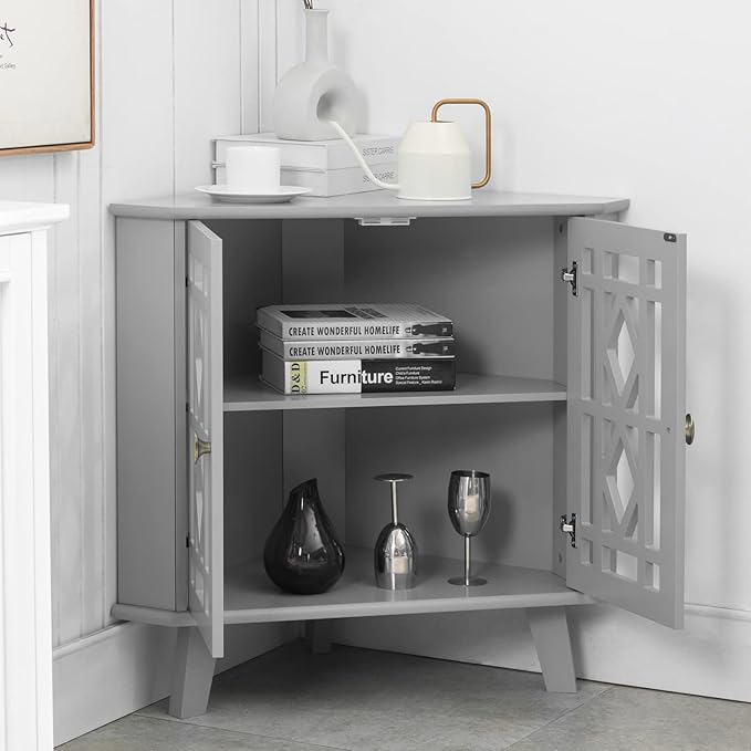 Scurrty 32'' Corner Shelf Stand, Small Corner Table Sideboard Cabinet with 2 Doors and 2-Tier Shelves, Free-Standing Corner Storage Organizer for Living Room, Dining Room & Bathroom (Grey)