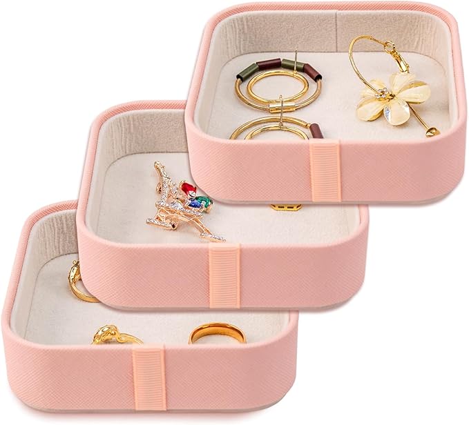 SANQIANWAN Set of 3 Small Stackable Jewelry Organizer Trays Mini Jewelry Drawer Oragnizer Small Jewelry Display Tray for Necklace Bracelet Rings Earrings and Makeup (LightPink)