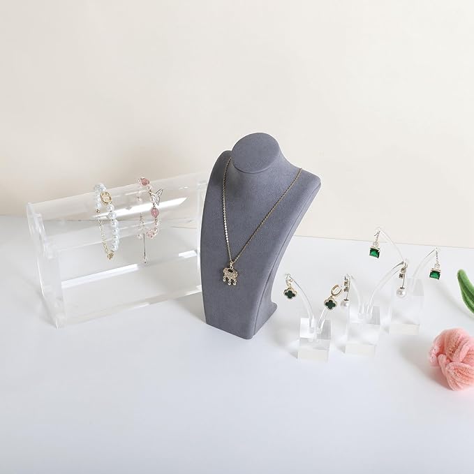 GemeShou Grey necklace storage organizer for sale, Velvet necklace holder stand, jewelry bust display stands, Jewelry Mannequin for Countertop, Showcase【Grey-Small height 7.68 inch】