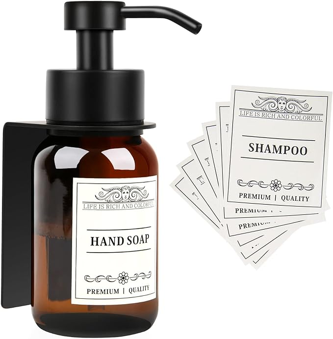 Glass Soap Dispenser with Pump and Wall Mount Holder,8.5 Oz Shampoo and Conditioner Dispenser with Waterproof Labels(Brown)