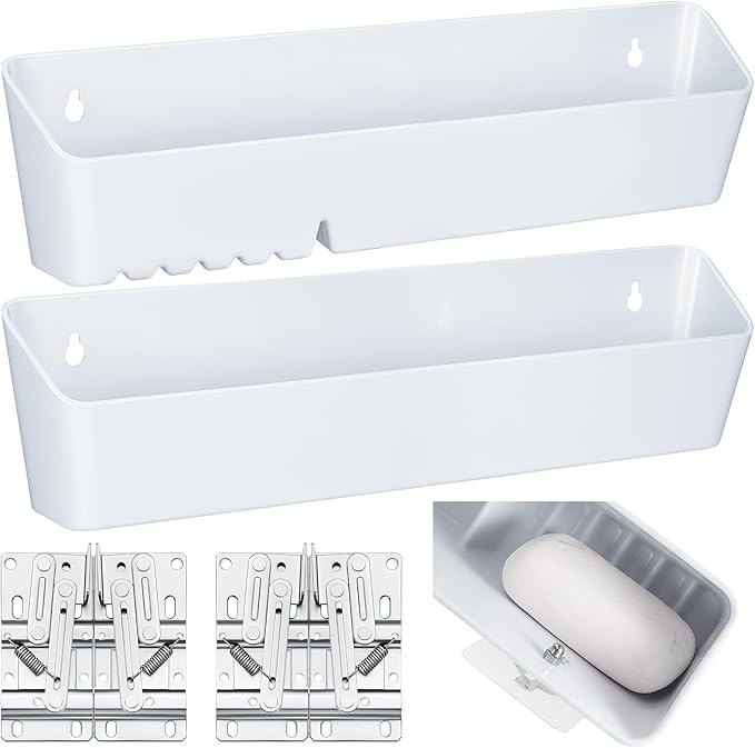 Umigy 2 Pack 11" Tip Out Tray for Sink with 2 Pairs of Hinges Front Sink Drawer Tip Out Tray Kit False Drawer Front Clips Flip Sponge Holder for Kitchen, White